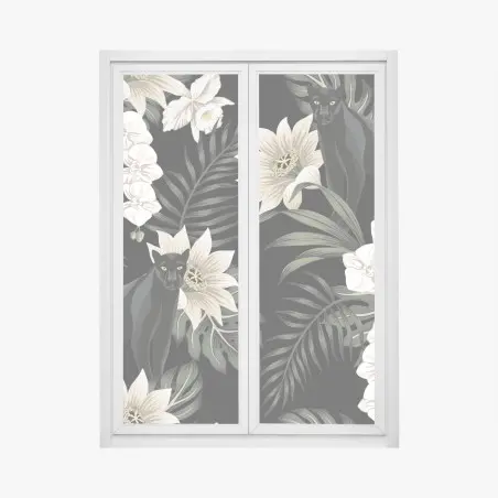 Adesivo per finestra pantera nera tra fiori tropicali • Wallissimo®