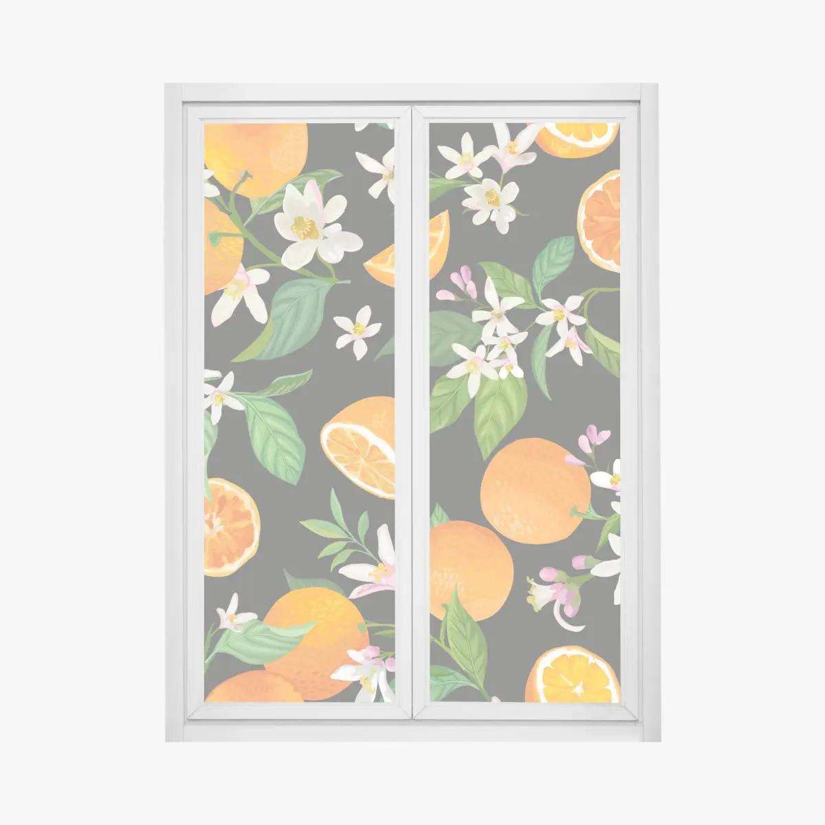 Adesivo per finestra motivo di arance e fiori d'arancio su sfondo scuro • Wallissimo®