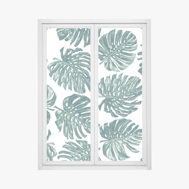 Adesivo per finestra design botanico con foglie di monstera su sfondo bianco