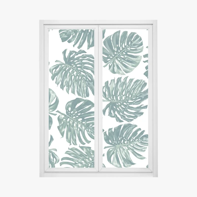 Adesivo per finestra design botanico con foglie di monstera su sfondo bianco
