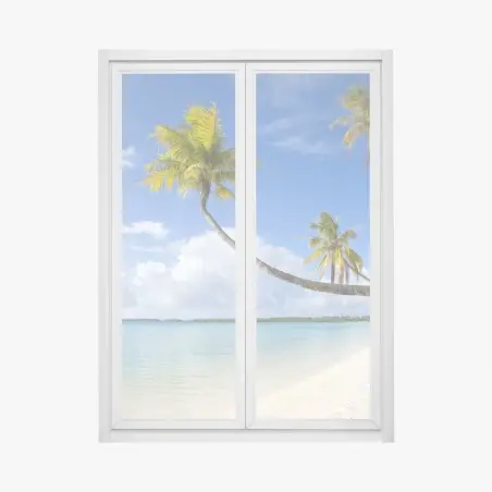 Adesivo per finestra oasi tropicale: palme e mare cristallino • Wallissimo®