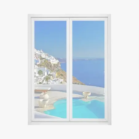 Adesivo per finestra vista panoramica di Santorini sul mare • Wallissimo®
