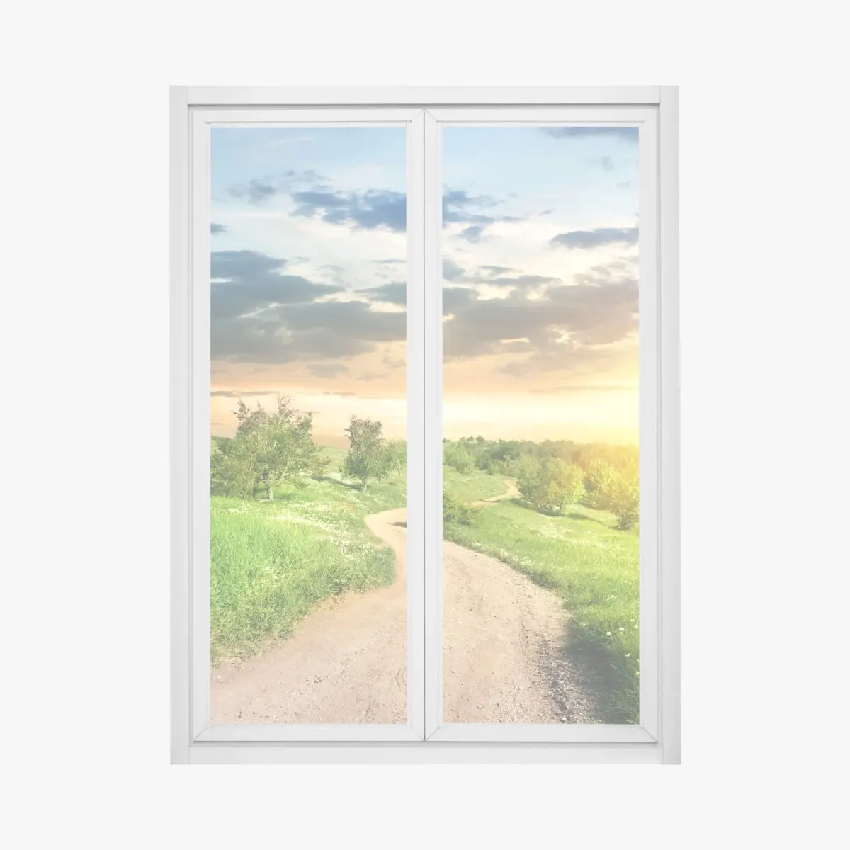 Adesivo per finestra sentiero di campagna al tramonto dorato • Wallissimo®