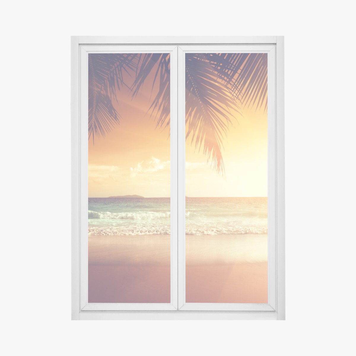 Adesivo per finestra tramonto ai Caraibi con palme in silhouette • Wallissimo®