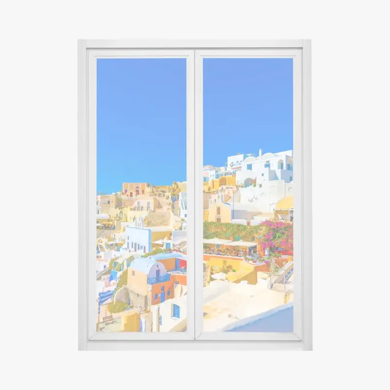 Adesivo per finestra vista di Oia, Santorini: villaggio di case bianche e colori mediterranei