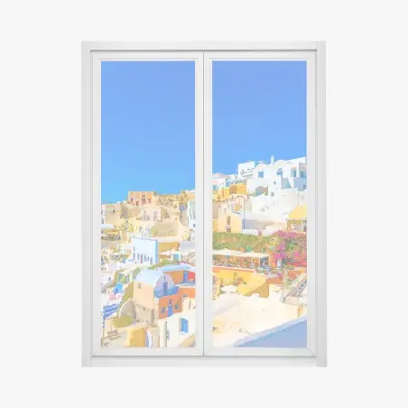 Adesivo per finestra vista di Oia, Santorini: villaggio di case bianche e colori mediterranei • Wallissimo®