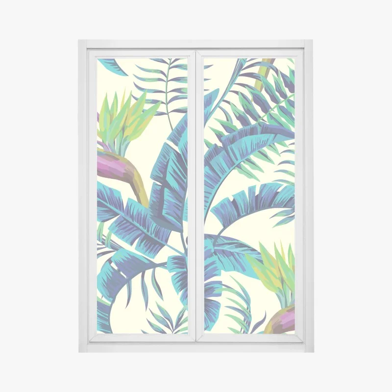 Adesivo per finestra foglie tropicali blu e fiori esotici