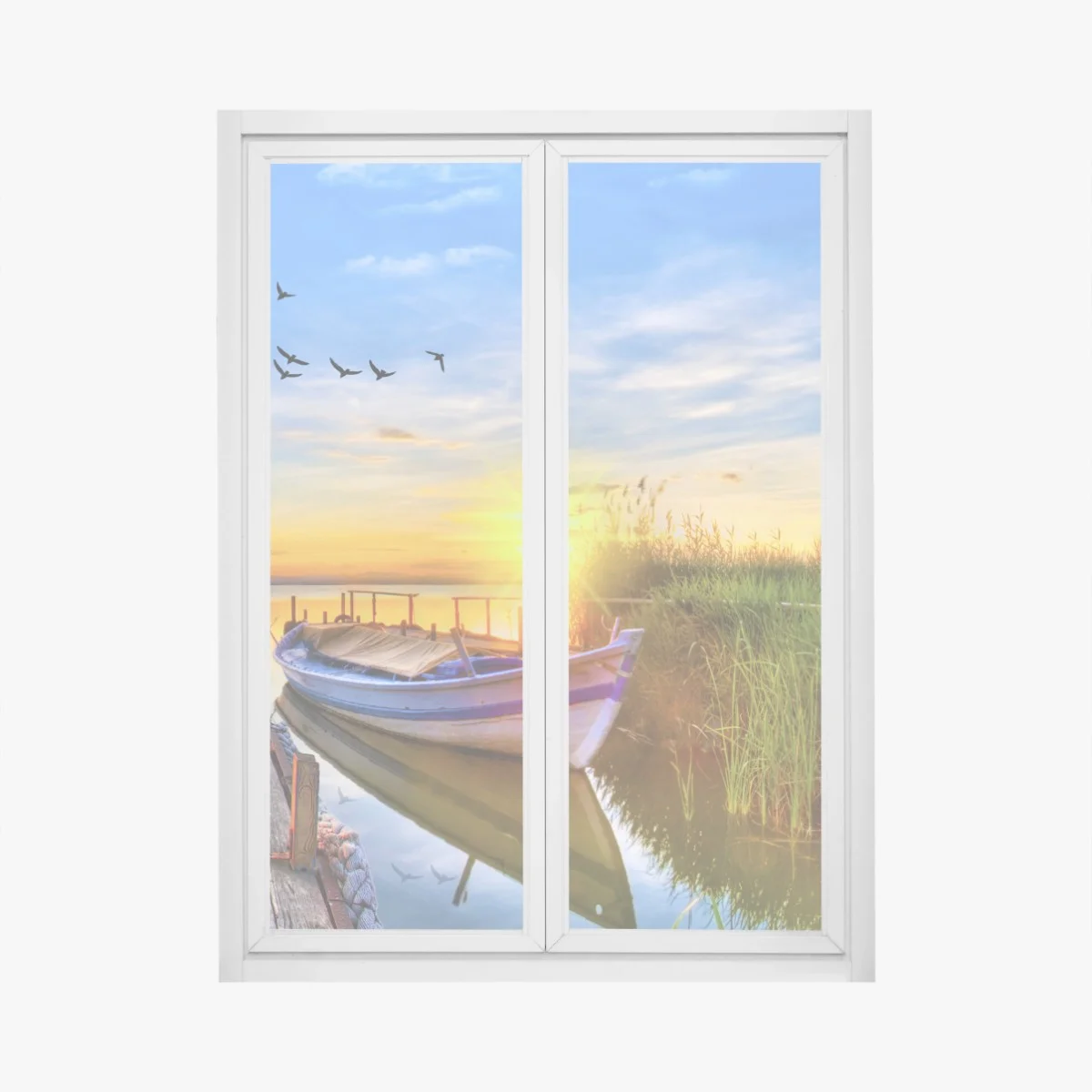 Adesivo per finestra tramonto sul lago con barca e molo • Wallissimo® Adesivo per finestra tramonto sul lago con barca e molo • Wallissimo®