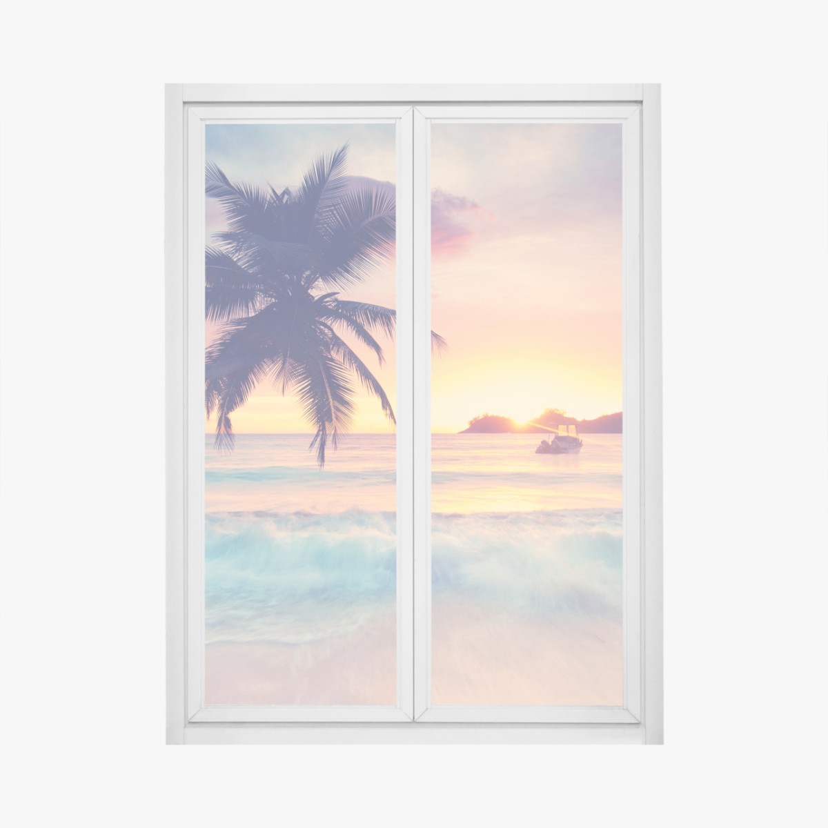 Adesivo per finestra tramonto tropicale con palma sul mare • Wallissimo®
