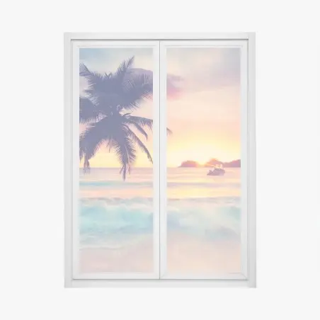 Adesivo per finestra tramonto tropicale con palma sul mare • Wallissimo®