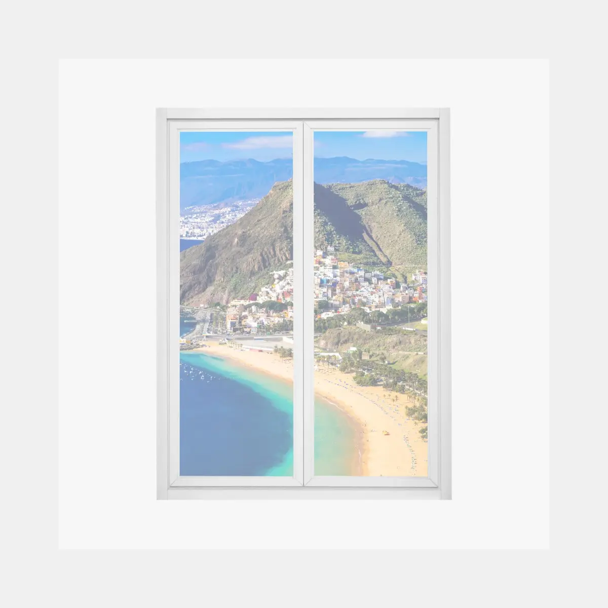 Adesivo per finestra baia panoramica con spiaggia dorata e montagne • Wallissimo®