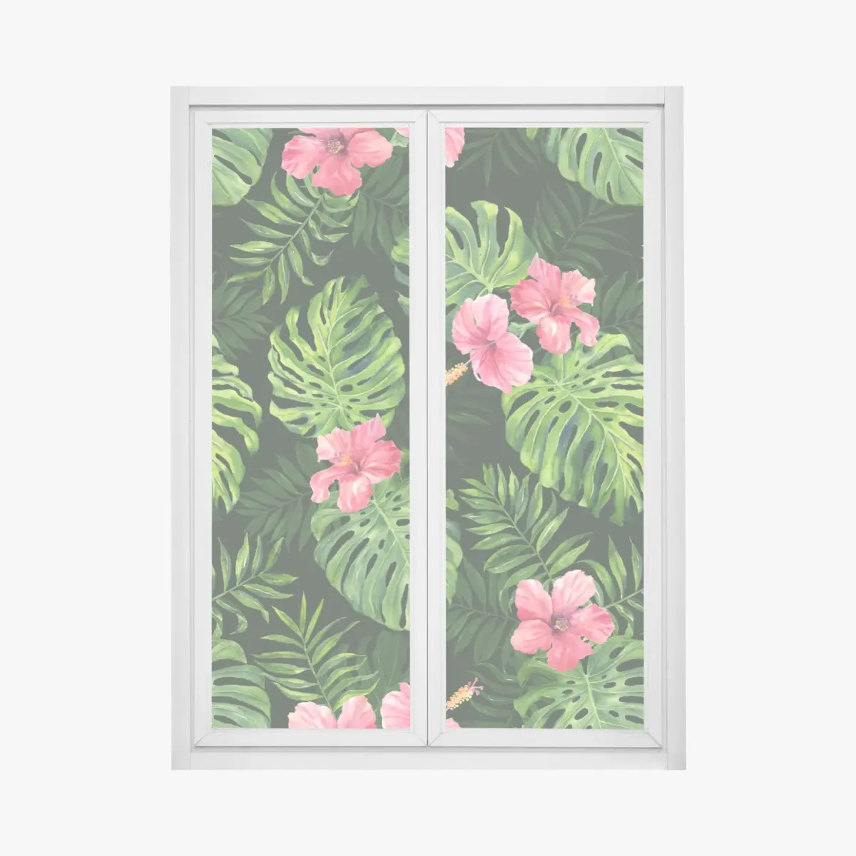 Adesivo per finestra motivo tropicale con foglie di monstera e hibiscus rosa • Wallissimo®