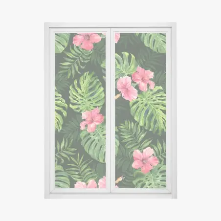Adesivo per finestra motivo tropicale con foglie di monstera e hibiscus rosa • Wallissimo®