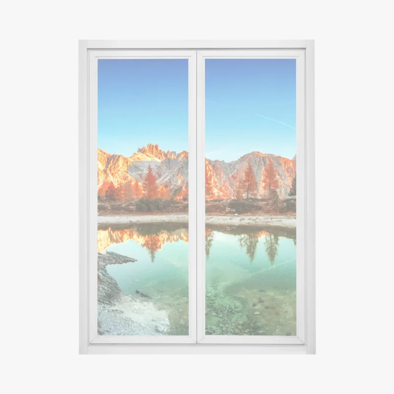 Adesivo per finestra tramonto sulle montagne con lago riflettente