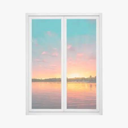 Adesivo per finestra tramonto vibrante sul lago • Wallissimo®