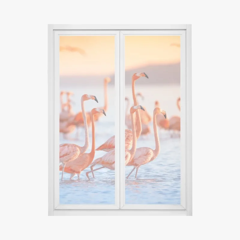 Adesivo per finestra eleganza dei fenicotteri al tramonto