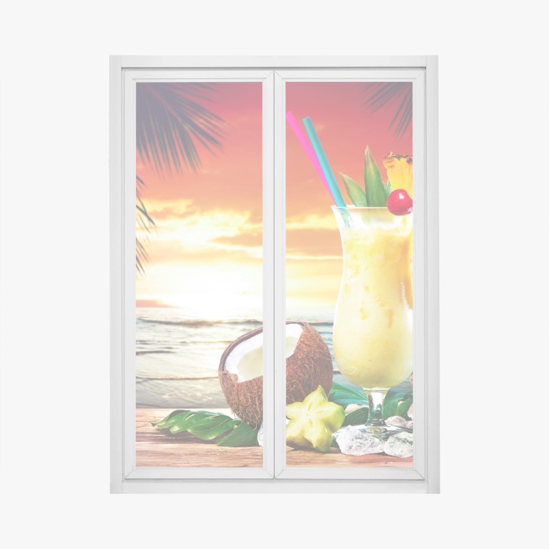 Adesivo per finestra tramonto tropicale con pina colada