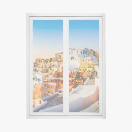 Adesivo per finestra tramonto su Santorini: panorama delle case bianche • Wallissimo®