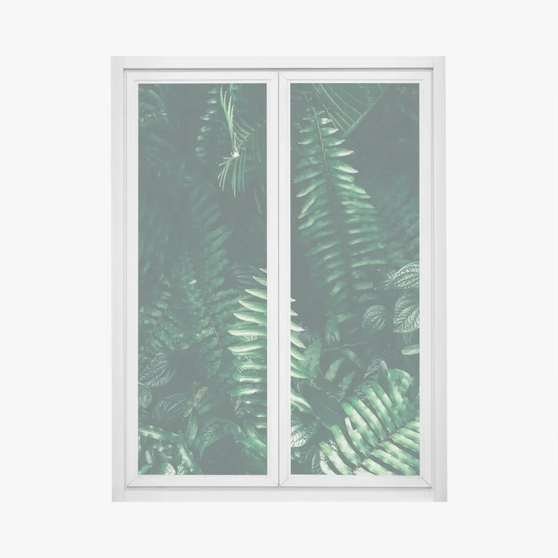 Adesivo per finestra verde tropicale: atmosfera di giungla in tonalità scure