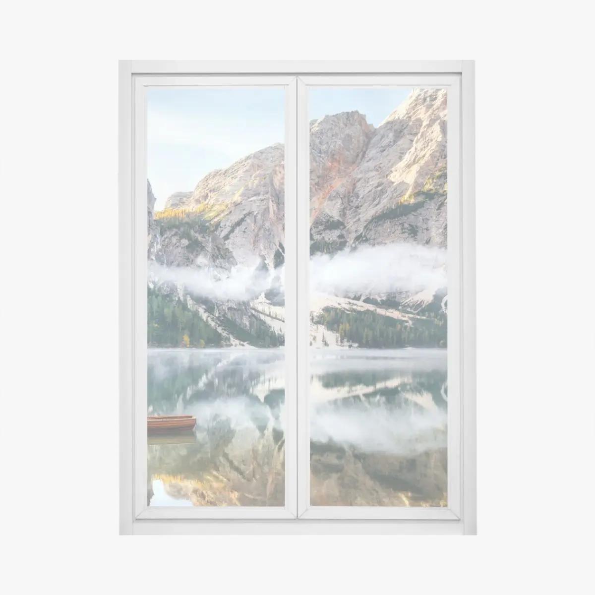 Adesivo per finestra paesaggio alpino con lago e barche in riva • Wallissimo®