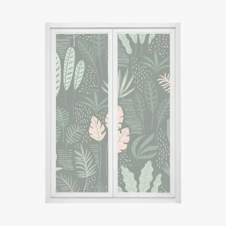 Adesivo per finestra giungla botanica in verde e rosa • Wallissimo®
