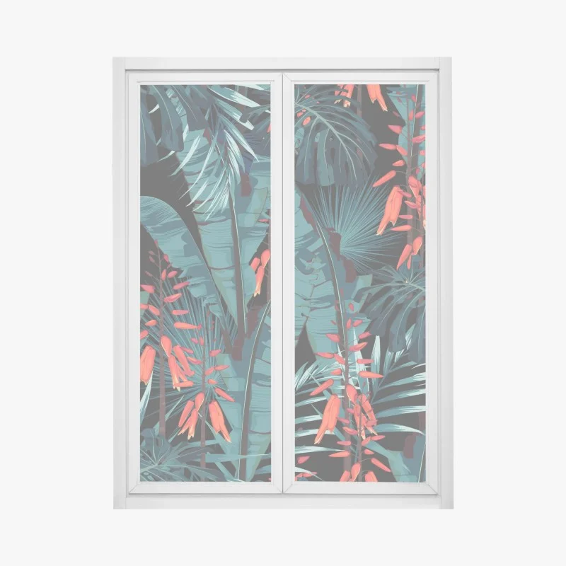 Adesivo per finestra motivo tropicale notturno con foglie turchesi e fiori corallo