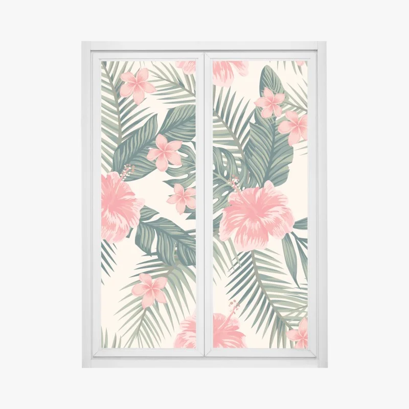 Adesivo per finestra motivo tropicale con ibischi rosa
