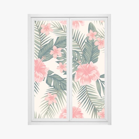 Adesivo per finestra motivo tropicale con ibischi rosa • Wallissimo®