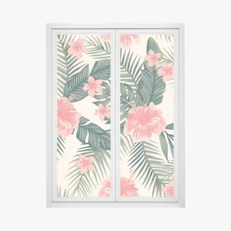 Adesivo per finestra motivo tropicale con ibischi rosa • Wallissimo®