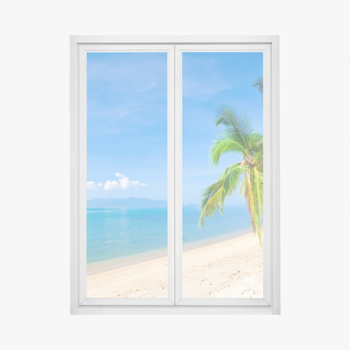 Adesivo per finestra spiaggia tropicale con palme e mare turchese • Wallissimo® Adesivo per finestra spiaggia tropicale con palme e mare turchese • Wallissimo®