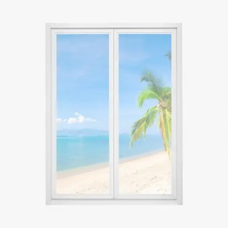 Adesivo per finestra spiaggia tropicale con palme e mare turchese • Wallissimo®