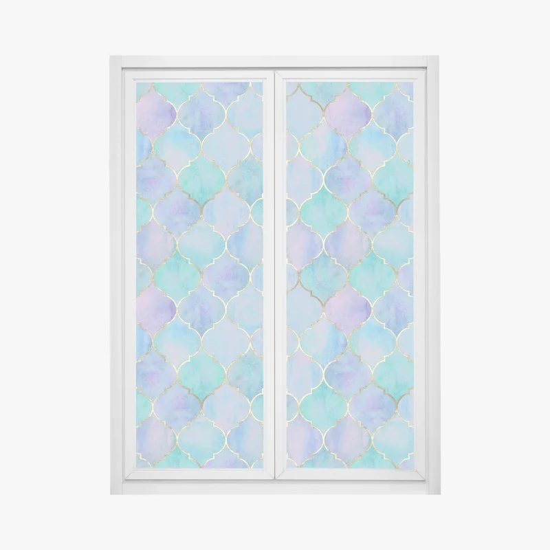 Adesivo per finestra motivo marocchino acquerellato turchese e lilla con dettagli dorati