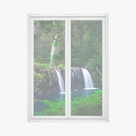 Adesivo per finestra oasi verde con cascata e laghetto • Wallissimo®