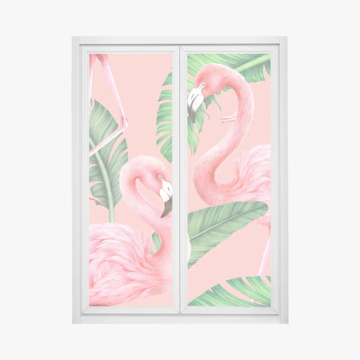 Adesivo per finestra motivo fenicotteri tropicali su sfondo rosa • Wallissimo®