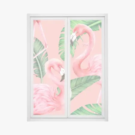 Adesivo per finestra motivo fenicotteri tropicali su sfondo rosa • Wallissimo®