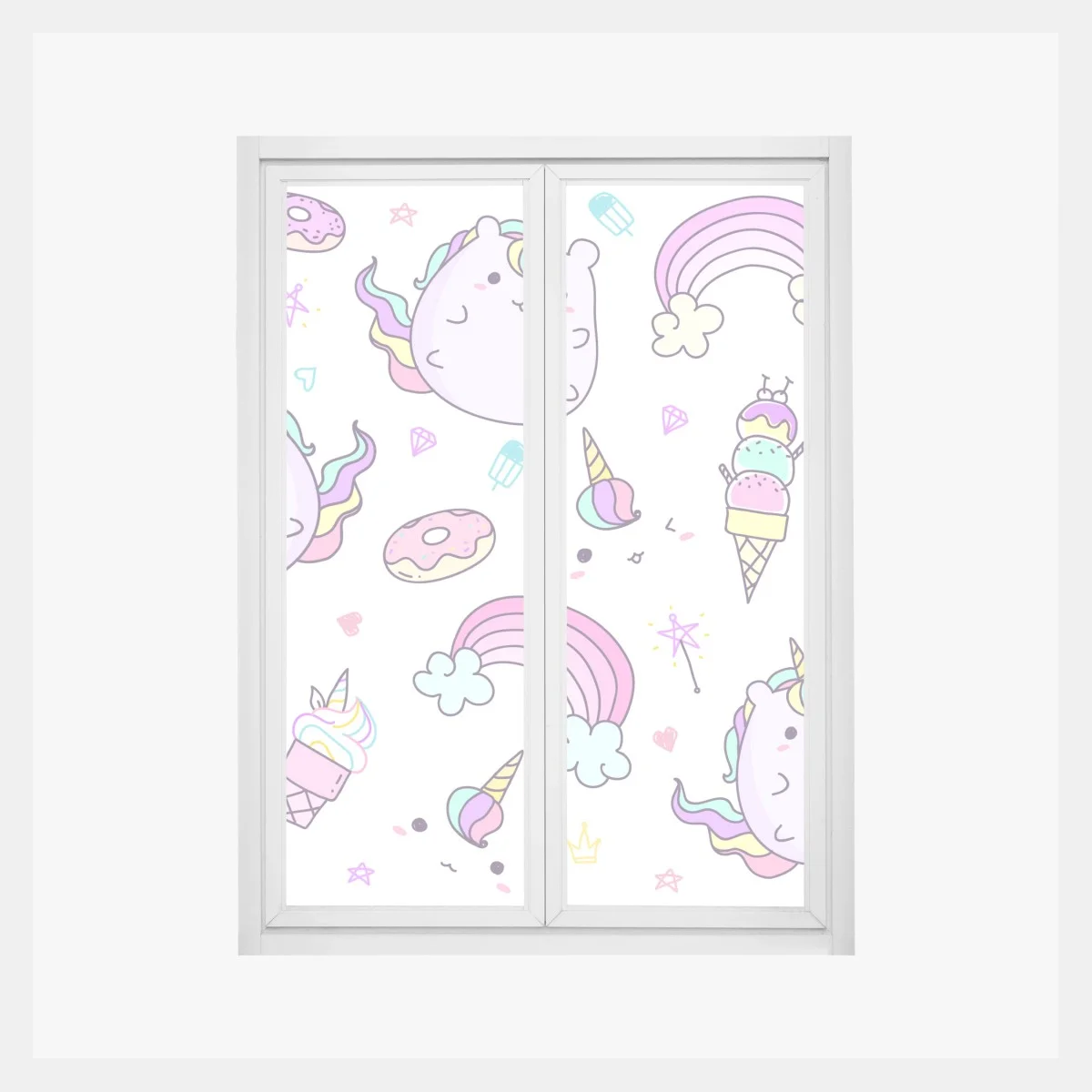Adesivo per finestra morbido pattern di gattounicorni e arcobaleni pastello • Wallissimo® Adesivo per finestra morbido pattern di gattounicorni e arcobaleni pastello • Wallissimo®