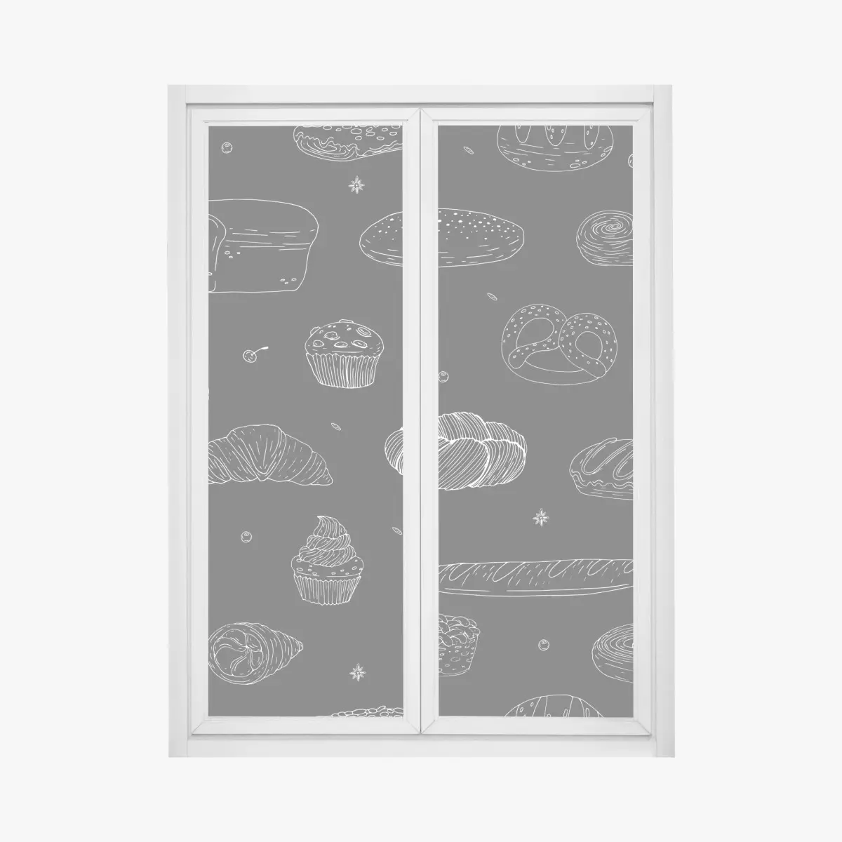 Adesivo per finestra motivo pasticceria in stile schizzo su sfondo scuro • Wallissimo®