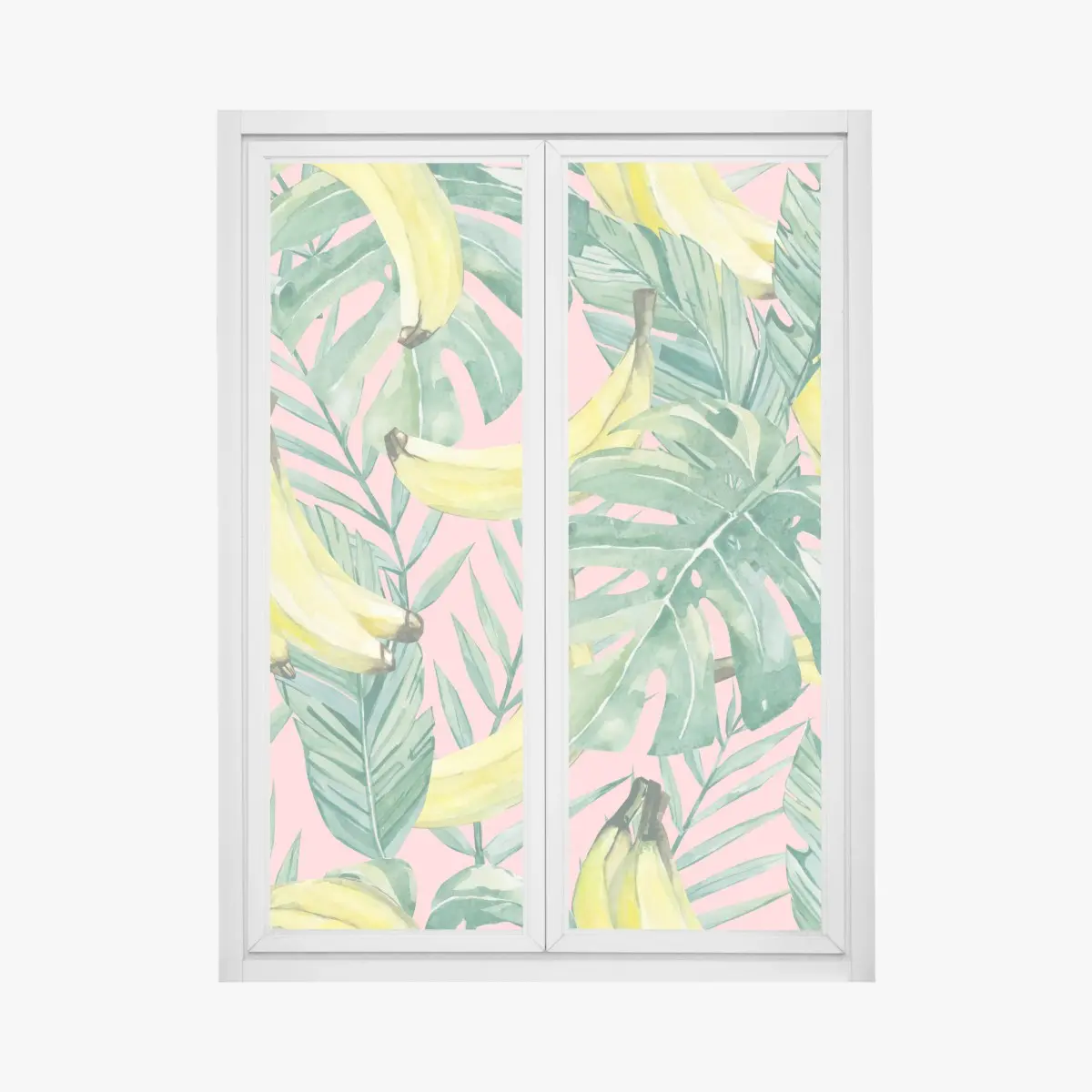Adesivo per finestra motivo tropicale banane e foglie acquerello su sfondo rosa • Wallissimo®