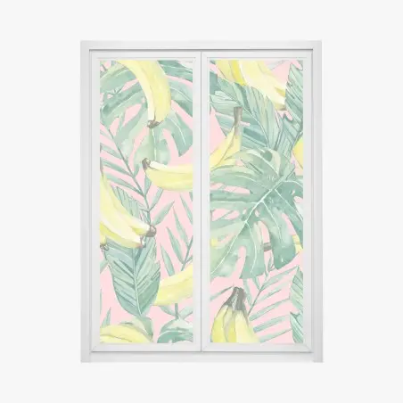 Adesivo per finestra motivo tropicale banane e foglie acquerello su sfondo rosa • Wallissimo®