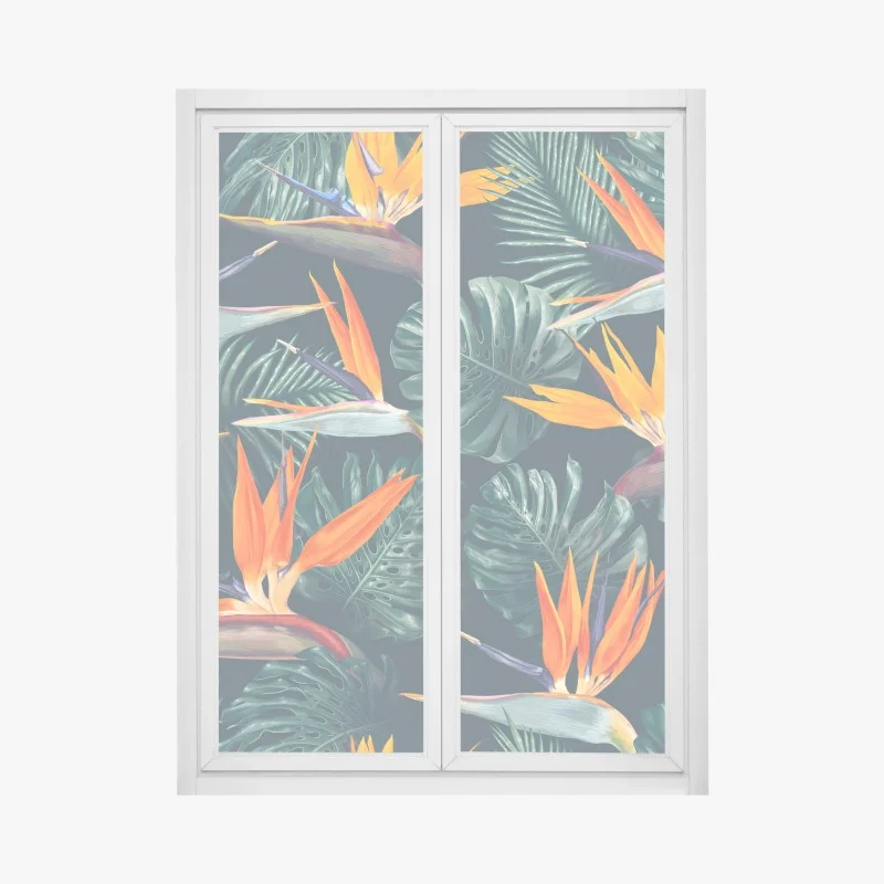 Adesivo per finestra tropicale fiori di paradiso e foglie monstera