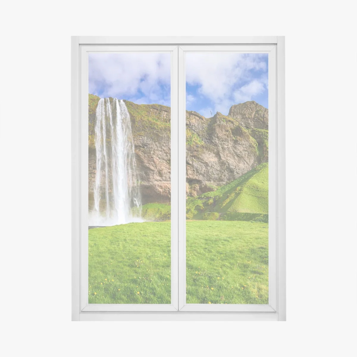 Adesivo per finestra Seljalandsfoss: cascata maestosa e prato verde • Wallissimo® Adesivo per finestra Seljalandsfoss: cascata maestosa e prato verde • Wallissimo®