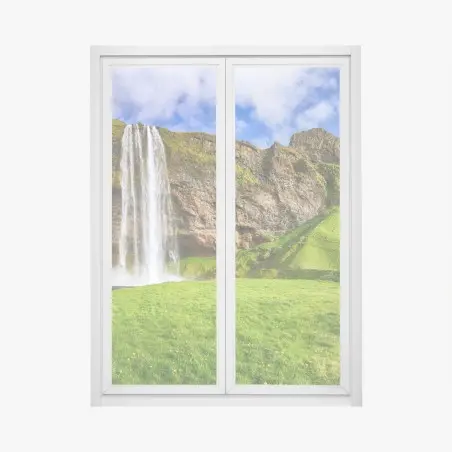 Adesivo per finestra Seljalandsfoss: cascata maestosa e prato verde • Wallissimo®