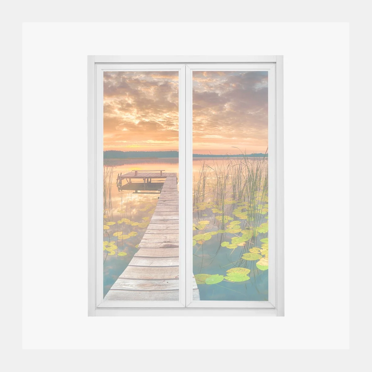 Adesivo per finestra alba dorata sul lago con pontile di legno • Wallissimo® Adesivo per finestra alba dorata sul lago con pontile di legno • Wallissimo®
