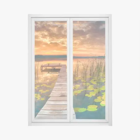 Adesivo per finestra alba dorata sul lago con pontile di legno • Wallissimo®