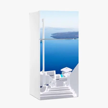 Adesivo per frigorifero scalinata bianca su Santorini con vista sul mare • Wallissimo®