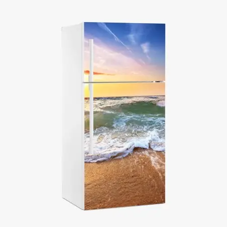 Adesivo per frigorifero tramonto dorato sul mare • Wallissimo®