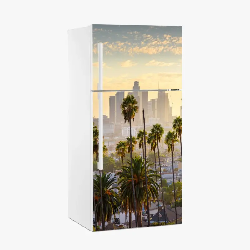 Adesivo per frigorifero tramonto su Los Angeles tra palme e grattacieli