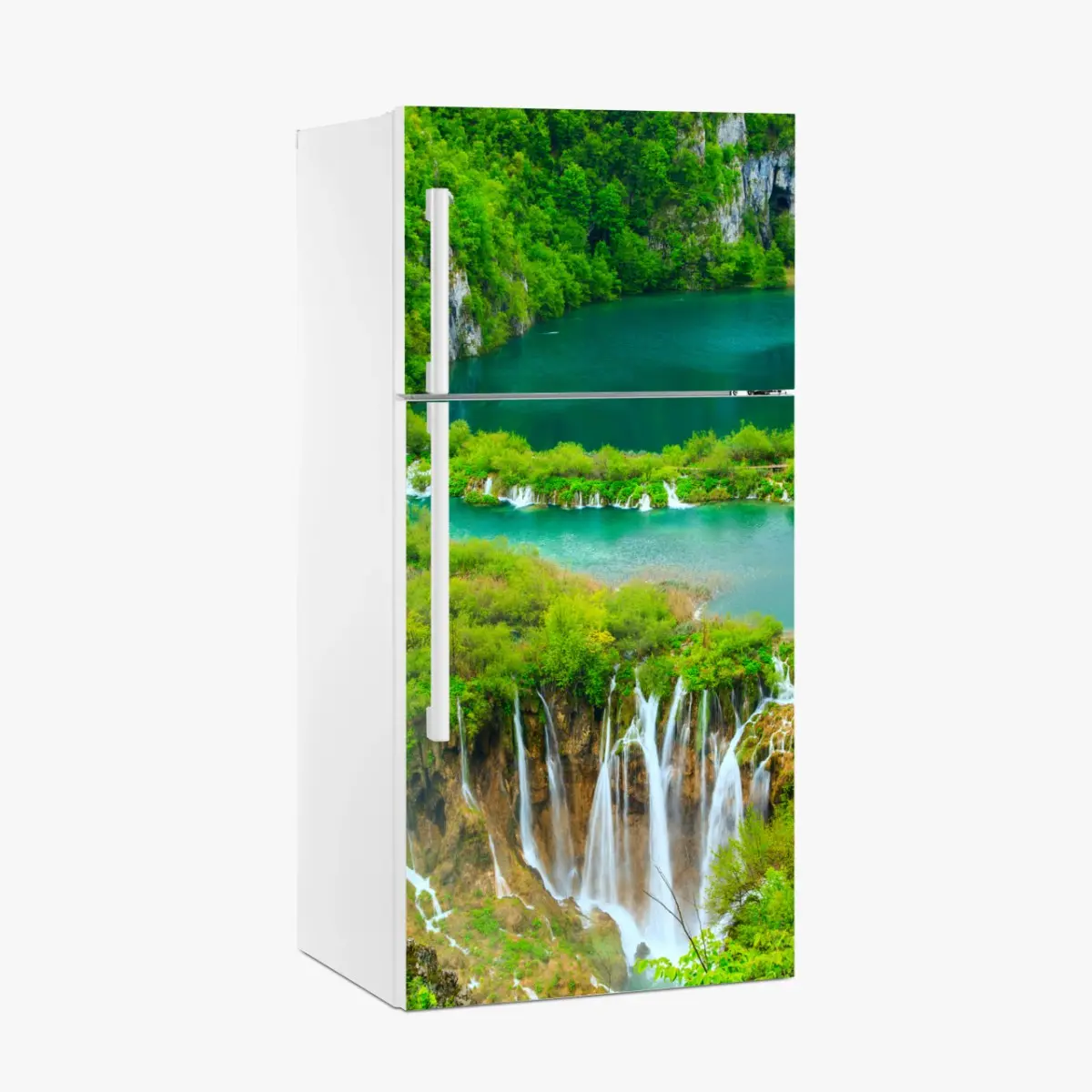 Adesivo per frigorifero oasi di cascate e laghi verdi • Wallissimo®