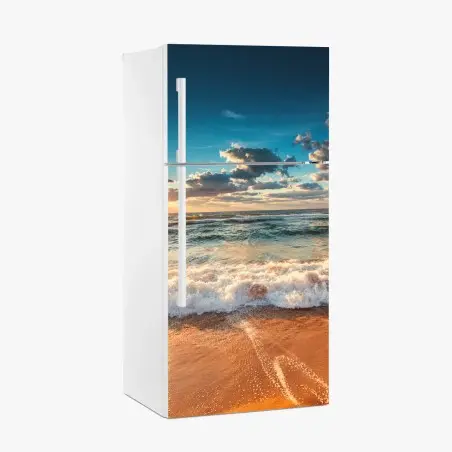 Adesivo per frigorifero alba dorata sul mare • Wallissimo®