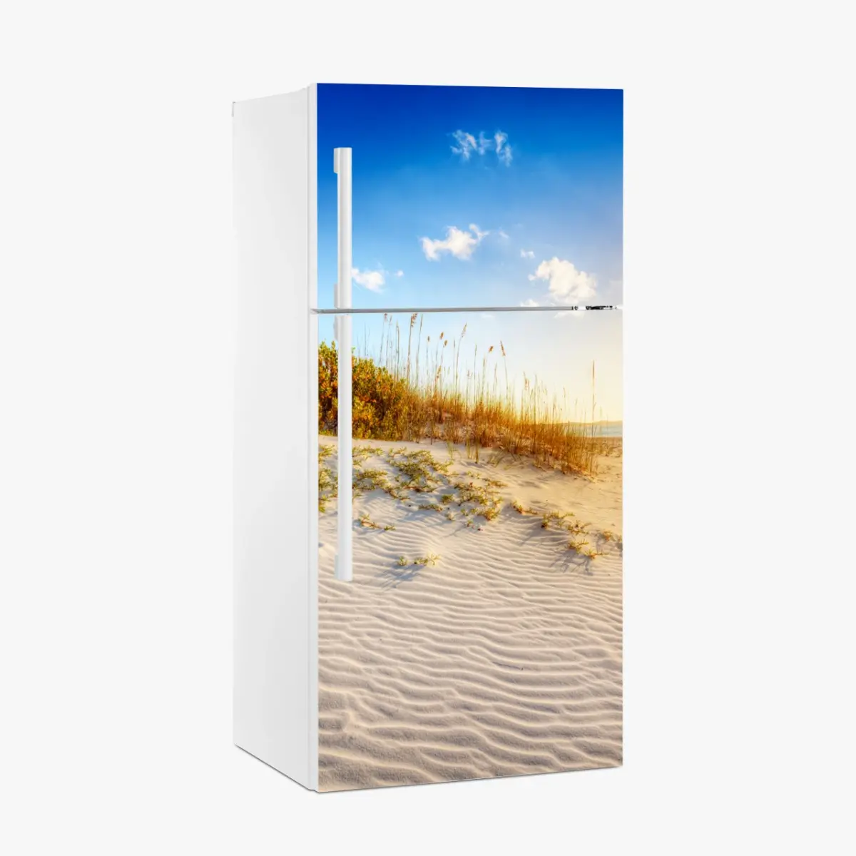 Adesivo per frigorifero tramonto a Grace Bay — dune dorate • Wallissimo®